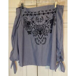 Crown & Ivy Pinstriped Embroidered‎ Off Shoulder Top Large